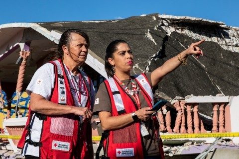Red Cross volunteers visit the site of a natural disaster