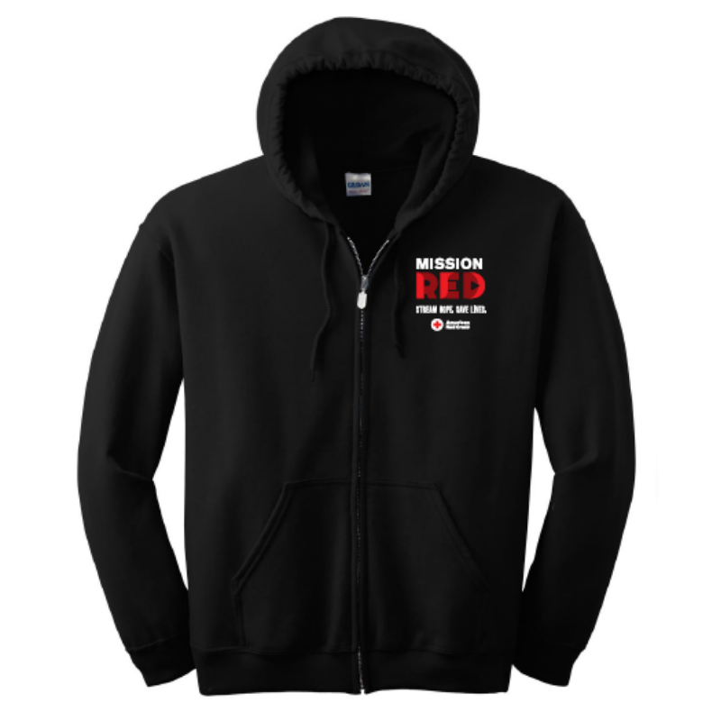 The front of the Mission Red hoodie