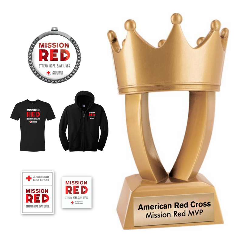 Bundle with crown-shaped trophy and Mission Red decal, pin, t-shirt and hoodie